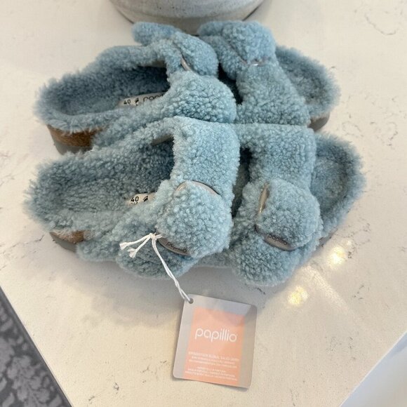 BIRKENSTOCK Arizona Big Buckle Genuine Shearling Slide Sandal in Faded Aqua - Picture 4 of 9